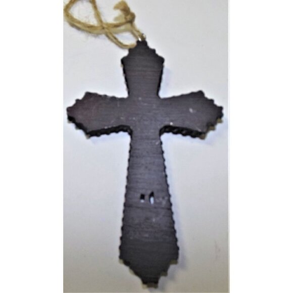 Cutwork cross with blue belt and horseshoe design on the front. - Picture 2 of 2